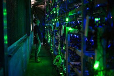 A large-scale mining farm with rows upon rows of mining rigs, emphasizing the importance of efficient cooling and power management.