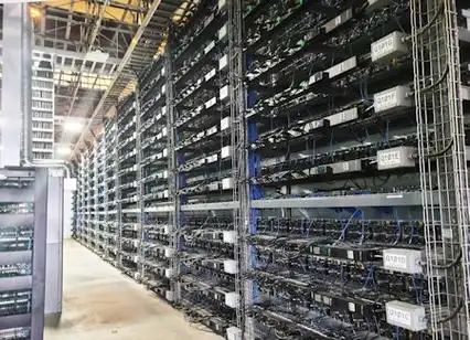 A modern eco-friendly mining farm with solar panels and efficient cooling systems